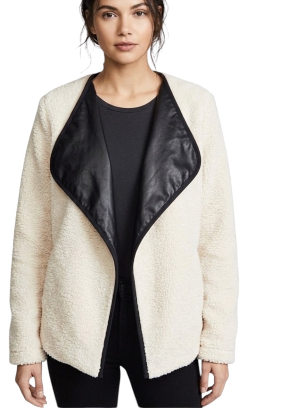 Towowge Women's Black Faux Fur Sherpa Teddy Open Jacket Coat Sz S Boho